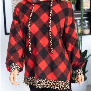 WHITE BIRCH Plus Size Red Buffalo Plaid & Leopard Super Soft Tunic Hoodie Sz 2X